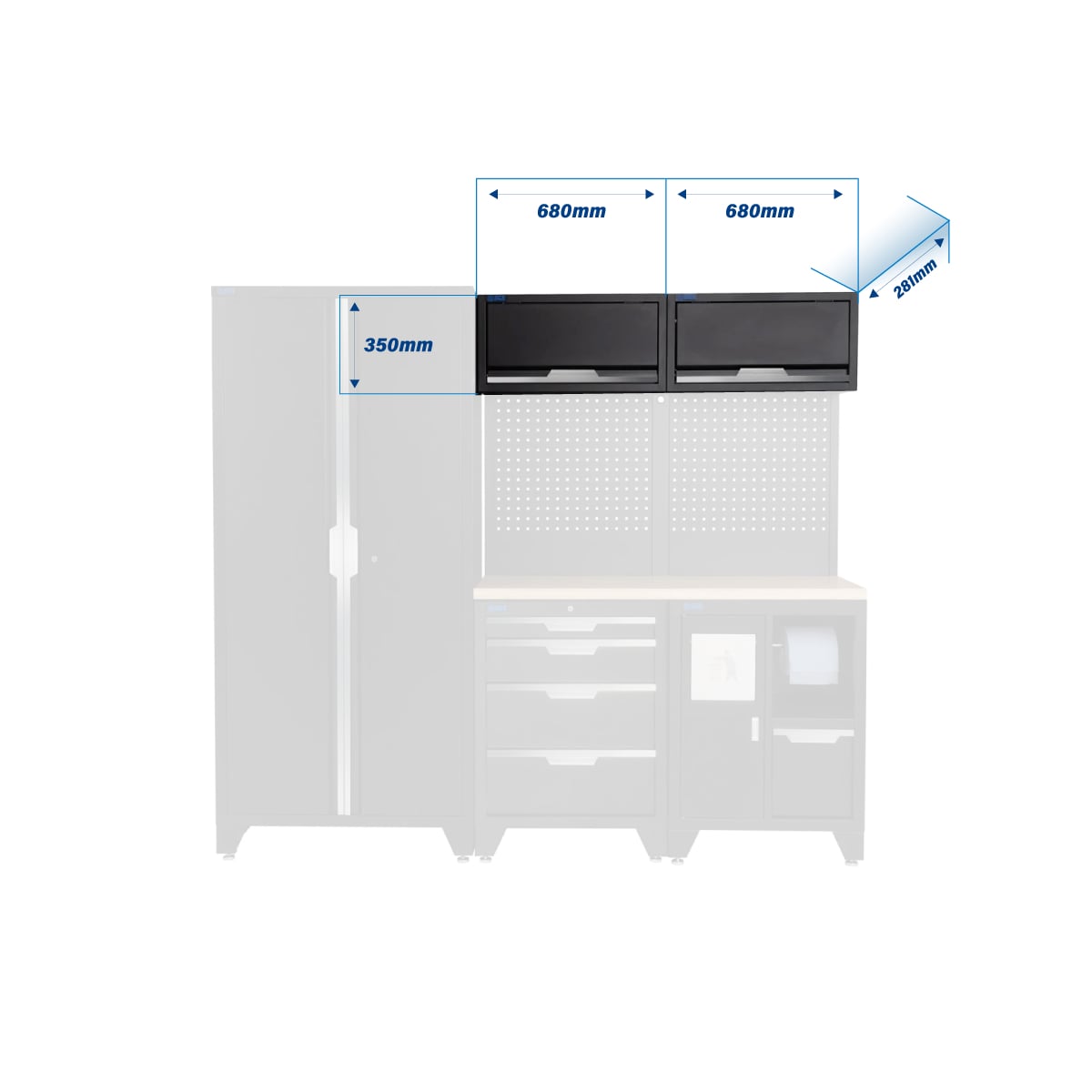 SGS 7pc Garage Storage System | 4 Drawers | Pressed Wood Worktop | Bin Unit | 2x Upper Cabinets | Tall Double Cabinet